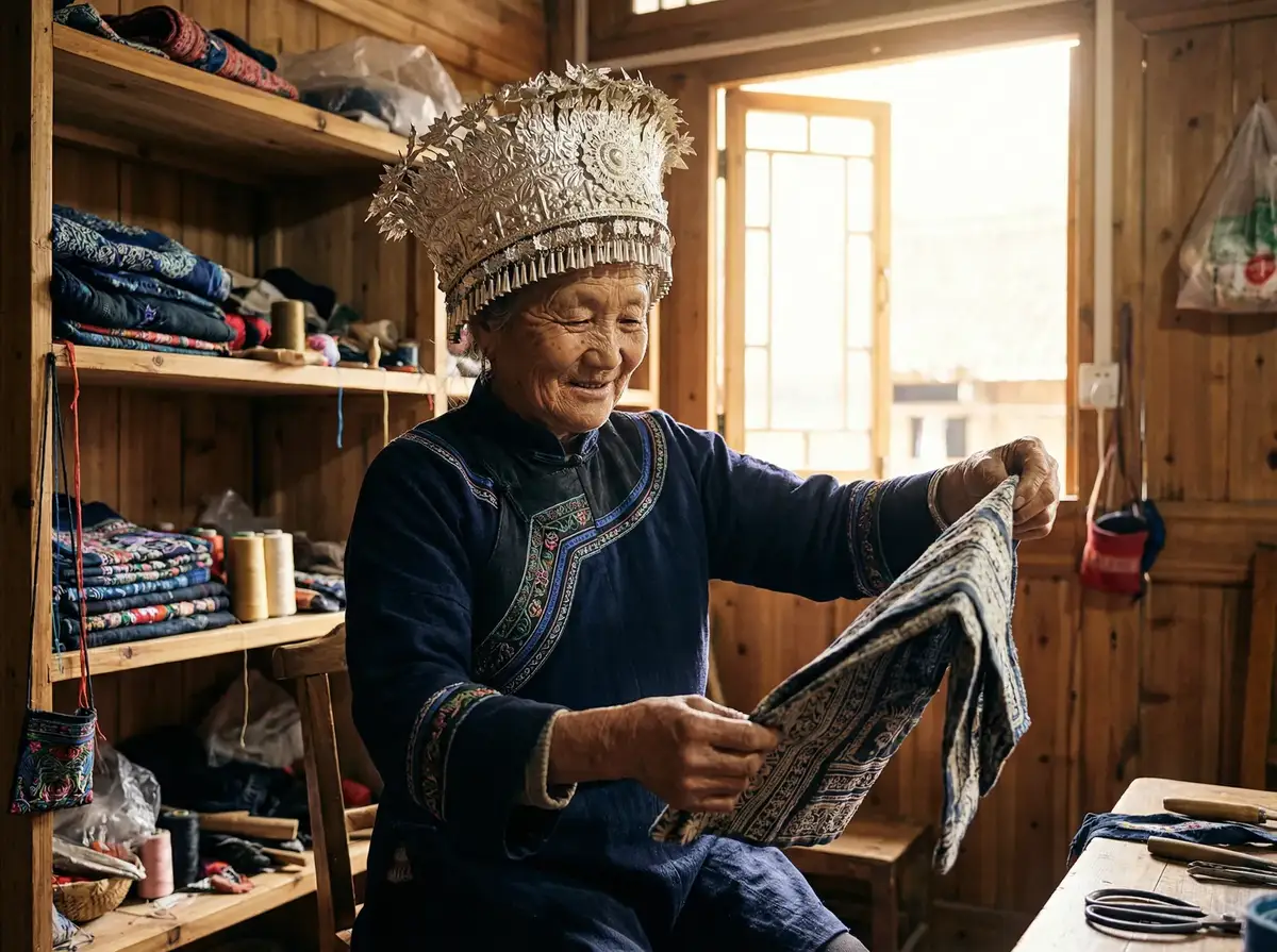 苗族银饰锻造老传承人龙阿婆在工作室 - 少妇视频